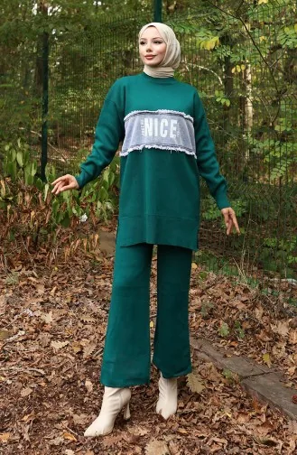 Knitwear Denim Garnished Tunic Trousers Two Piece Set 1094-01 Petrol 1094-01