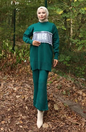 Knitwear Denim Garnished Tunic Trousers Two Piece Set 1094-01 Petrol 1094-01