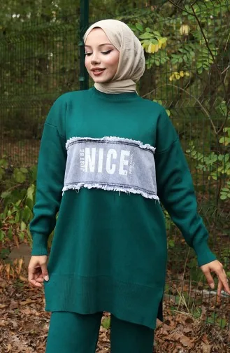 Knitwear Denim Garnished Tunic Trousers Two Piece Set 1094-01 Petrol 1094-01