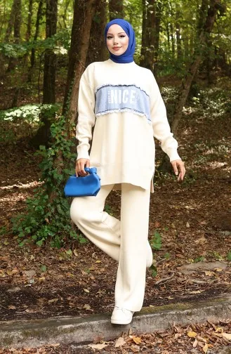 Breiwerk Denim Garnish Tuniek Broek Tweedelig Set 1094-02 Beige 1094-02