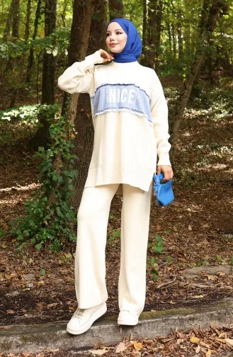 Breiwerk Denim Garnish Tuniek Broek Tweedelig Set 1094-02 Beige 1094-02