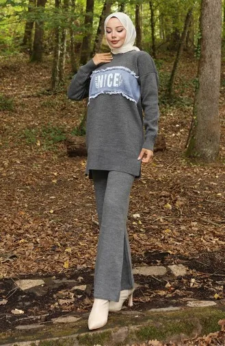 Ensemble Deux Pièces Tunique Et Pantalon En Denim Tricoté 1094-03 Gris 1094-03
