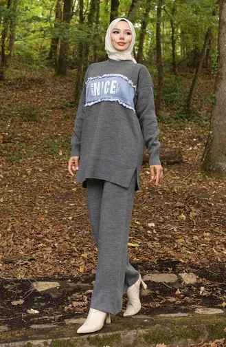 Ensemble Deux Pièces Tunique Et Pantalon En Denim Tricoté 1094-03 Gris 1094-03