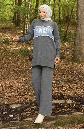 Ensemble Deux Pièces Tunique Et Pantalon En Denim Tricoté 1094-03 Gris 1094-03