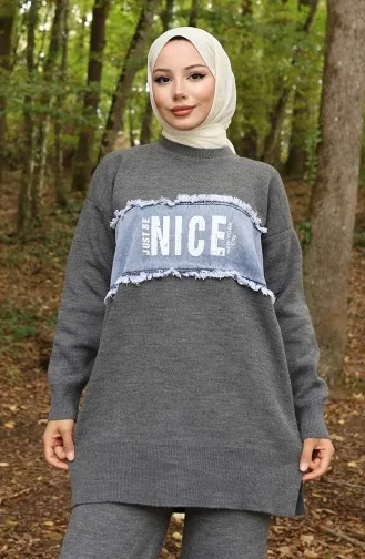 Ensemble Deux Pièces Tunique Et Pantalon En Denim Tricoté 1094-03 Gris 1094-03