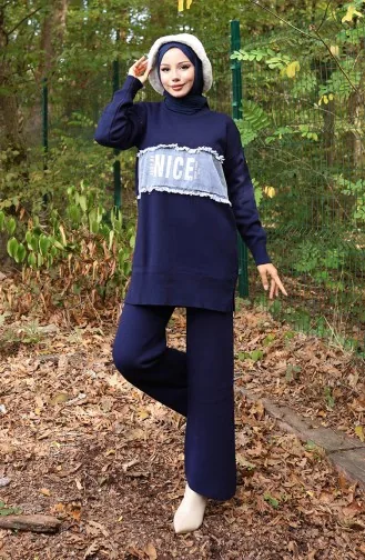 Ensemble Deux Pièces Tunique Et Pantalon En Denim Tricoté 1094-05 Bleu Marine 1094-05