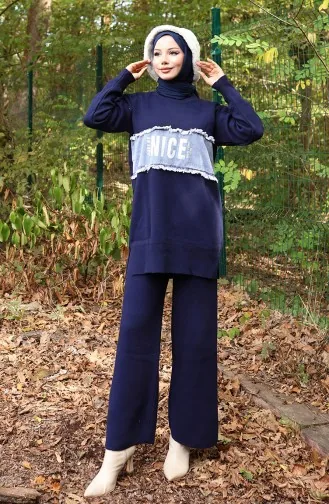 Ensemble Deux Pièces Tunique Et Pantalon En Denim Tricoté 1094-05 Bleu Marine 1094-05