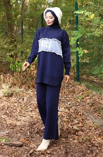 Ensemble Deux Pièces Tunique Et Pantalon En Denim Tricoté 1094-05 Bleu Marine 1094-05