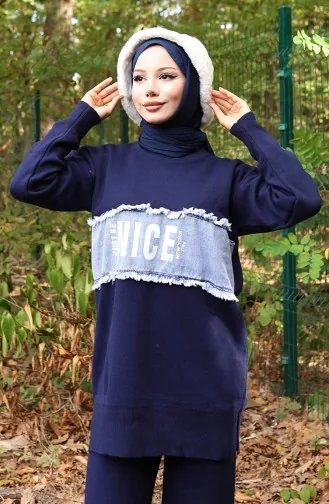 Ensemble Deux Pièces Tunique Et Pantalon En Denim Tricoté 1094-05 Bleu Marine 1094-05