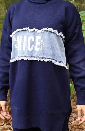 Ensemble Deux Pièces Tunique Et Pantalon En Denim Tricoté 1094-05 Bleu Marine 1094-05