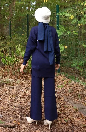 Ensemble Deux Pièces Tunique Et Pantalon En Denim Tricoté 1094-05 Bleu Marine 1094-05