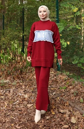 Triko Kot Garnili Tunik Pantolon İkili Takım 1094-07 Bordo