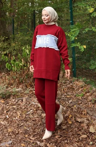 Breiwerk Denim Garnished Tuniek Broek Tweedelig Set 1094-07 Claret Rood 1094-07