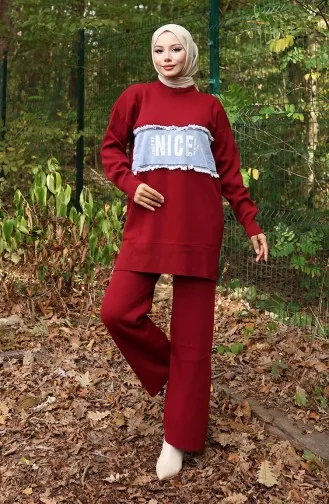 Breiwerk Denim Garnished Tuniek Broek Tweedelig Set 1094-07 Claret Rood 1094-07