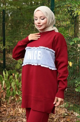 Breiwerk Denim Garnished Tuniek Broek Tweedelig Set 1094-07 Claret Rood 1094-07