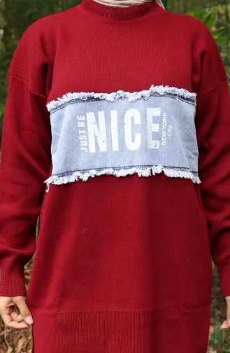 Breiwerk Denim Garnished Tuniek Broek Tweedelig Set 1094-07 Claret Rood 1094-07