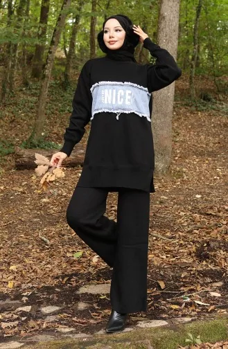 Ensemble Deux Pièces Tunique Et Pantalon En Denim Tricoté 1094-08 Noir 1094-08