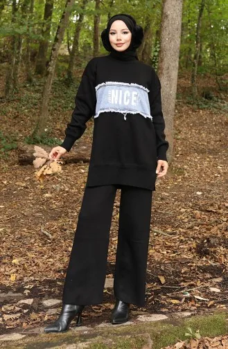 Ensemble Deux Pièces Tunique Et Pantalon En Denim Tricoté 1094-08 Noir 1094-08