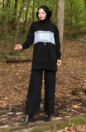 Ensemble Deux Pièces Tunique Et Pantalon En Denim Tricoté 1094-08 Noir 1094-08