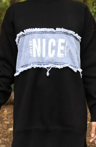 Ensemble Deux Pièces Tunique Et Pantalon En Denim Tricoté 1094-08 Noir 1094-08