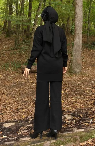 Ensemble Deux Pièces Tunique Et Pantalon En Denim Tricoté 1094-08 Noir 1094-08