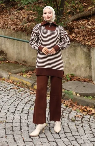 Ensemble Deux Pièces En Tricot Col Roulé Tunique Rayée Et Pantalon 1098-01 Marron 1098-01