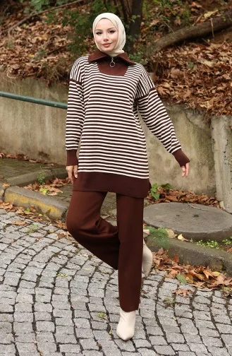 Ensemble Deux Pièces En Tricot Col Roulé Tunique Rayée Et Pantalon 1098-01 Marron 1098-01