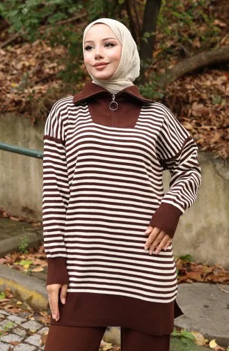Ensemble Deux Pièces En Tricot Col Roulé Tunique Rayée Et Pantalon 1098-01 Marron 1098-01