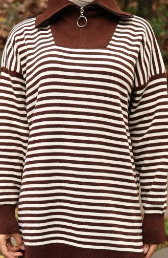 Ensemble Deux Pièces En Tricot Col Roulé Tunique Rayée Et Pantalon 1098-01 Marron 1098-01