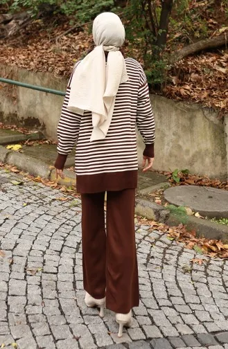 Ensemble Deux Pièces En Tricot Col Roulé Tunique Rayée Et Pantalon 1098-01 Marron 1098-01