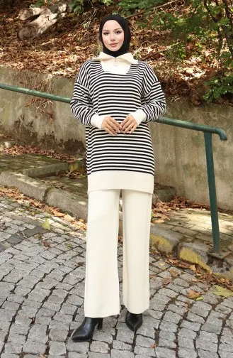 Knitwear Turtleneck Striped Tunic Trousers Two Piece Suit 1098-02 Beige 1098-02