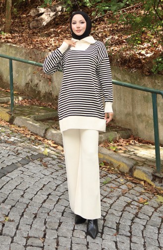 Gebreide Coltrui Gestreepte Tuniek Broek Tweedelig Pak 1098-02 Beige 1098-02