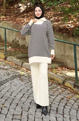 Knitwear Turtleneck Striped Tunic Trousers Two Piece Suit 1098-02 Beige 1098-02