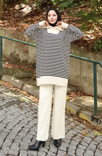 Knitwear Turtleneck Striped Tunic Trousers Two Piece Suit 1098-02 Beige 1098-02
