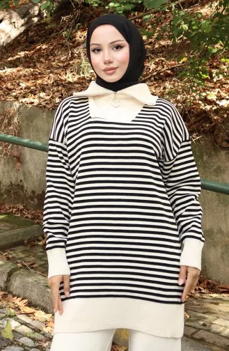 Knitwear Turtleneck Striped Tunic Trousers Two Piece Suit 1098-02 Beige 1098-02