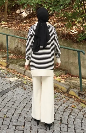 Knitwear Turtleneck Striped Tunic Trousers Two Piece Suit 1098-02 Beige 1098-02