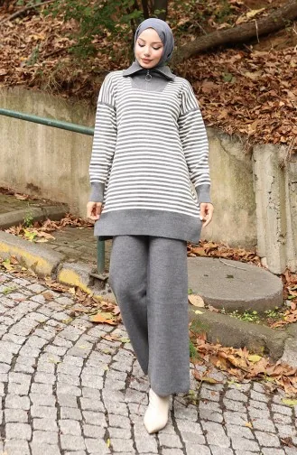 Knitwear Turtleneck Striped Tunic Trousers Two Piece Suit 1098-03 Gray 1098-03