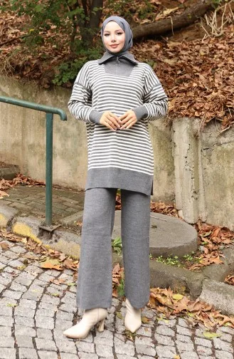 Knitwear Turtleneck Striped Tunic Trousers Two Piece Suit 1098-03 Gray 1098-03