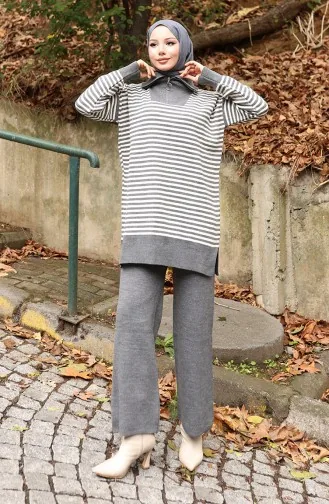 Knitwear Turtleneck Striped Tunic Trousers Two Piece Suit 1098-03 Gray 1098-03