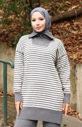 Knitwear Turtleneck Striped Tunic Trousers Two Piece Suit 1098-03 Gray 1098-03