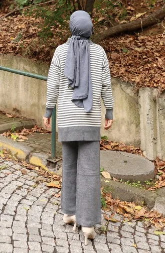 Knitwear Turtleneck Striped Tunic Trousers Two Piece Suit 1098-03 Gray 1098-03