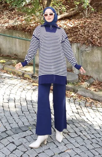 Ensemble Deux Pièces En Tricot Col Roulé Tunique Rayée Et Pantalon 1098-04 Bleu Marine 1098-04