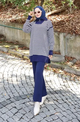 Ensemble Deux Pièces En Tricot Col Roulé Tunique Rayée Et Pantalon 1098-04 Bleu Marine 1098-04