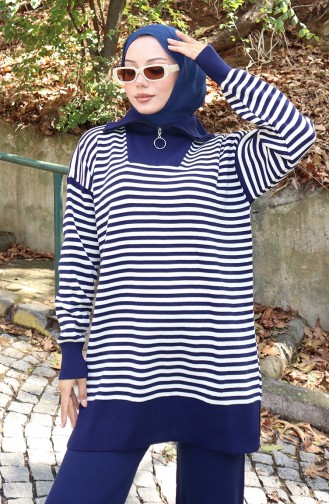 Triko Balıkçı Yaka Çizgili Tunik Pantolon İkili Takım 1098-04 Lacivert
