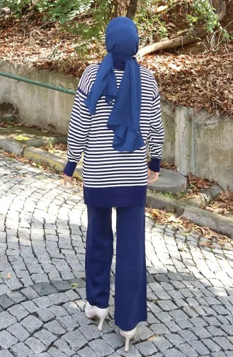 Ensemble Deux Pièces En Tricot Col Roulé Tunique Rayée Et Pantalon 1098-04 Bleu Marine 1098-04