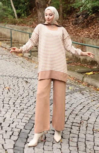 Strickwaren Rollkragen Gestreifte Tunika Hose Zweiteiler 1098-05 Milchkaffee 1098-05