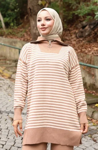 Strickwaren Rollkragen Gestreifte Tunika Hose Zweiteiler 1098-05 Milchkaffee 1098-05