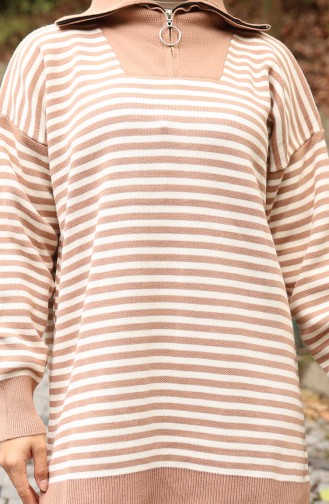 Triko Balıkçı Yaka Çizgili Tunik Pantolon İkili Takım 1098-05 Sütlü kahve