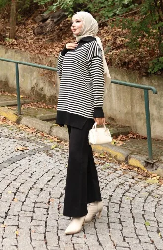 Strickwaren Rollkragen Gestreifte Tunika Hose Zweiteiler 1098-06 Schwarz 1098-06