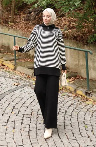 Strickwaren Rollkragen Gestreifte Tunika Hose Zweiteiler 1098-06 Schwarz 1098-06